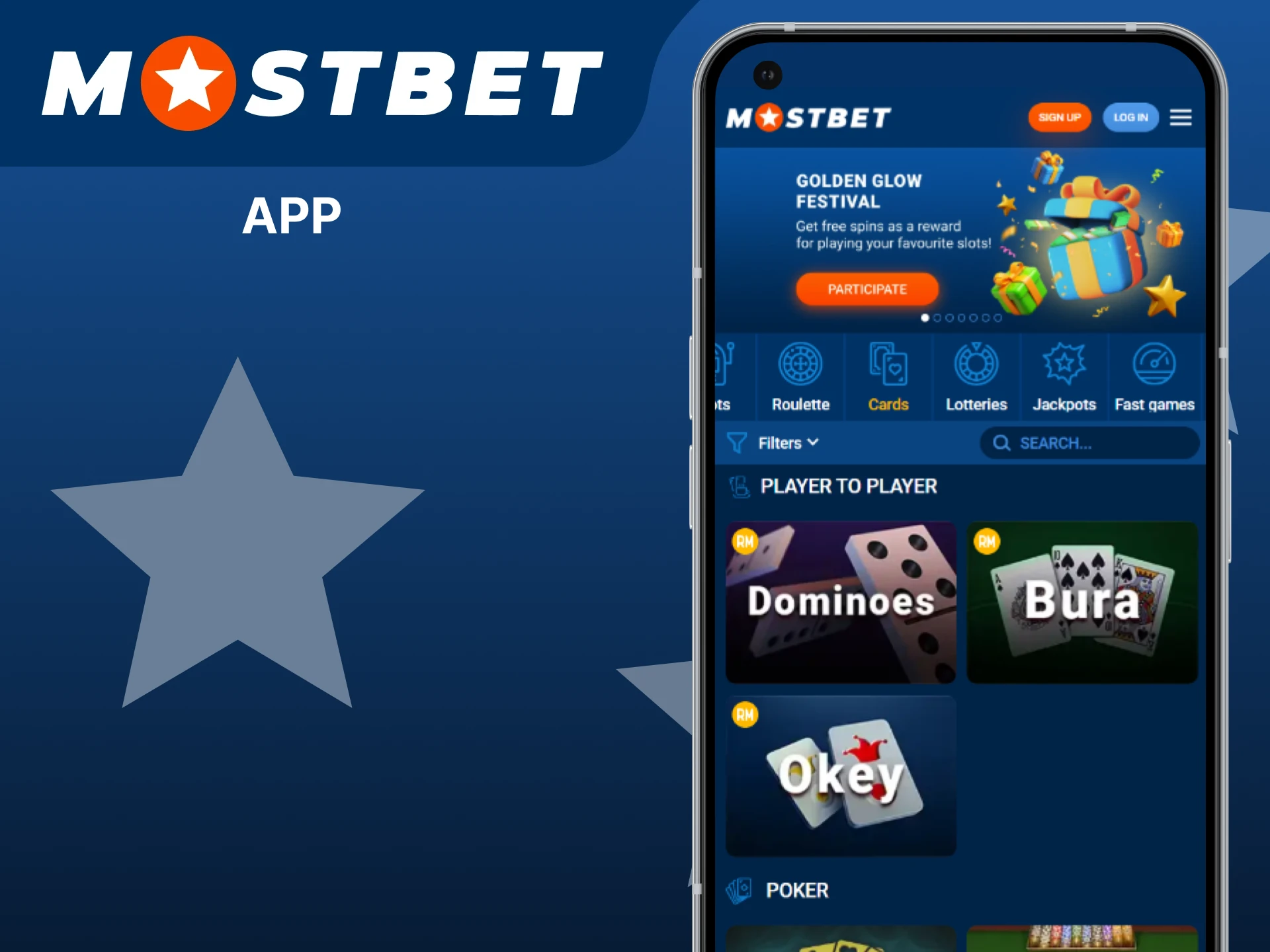 Download the Mostbet app to play card games.