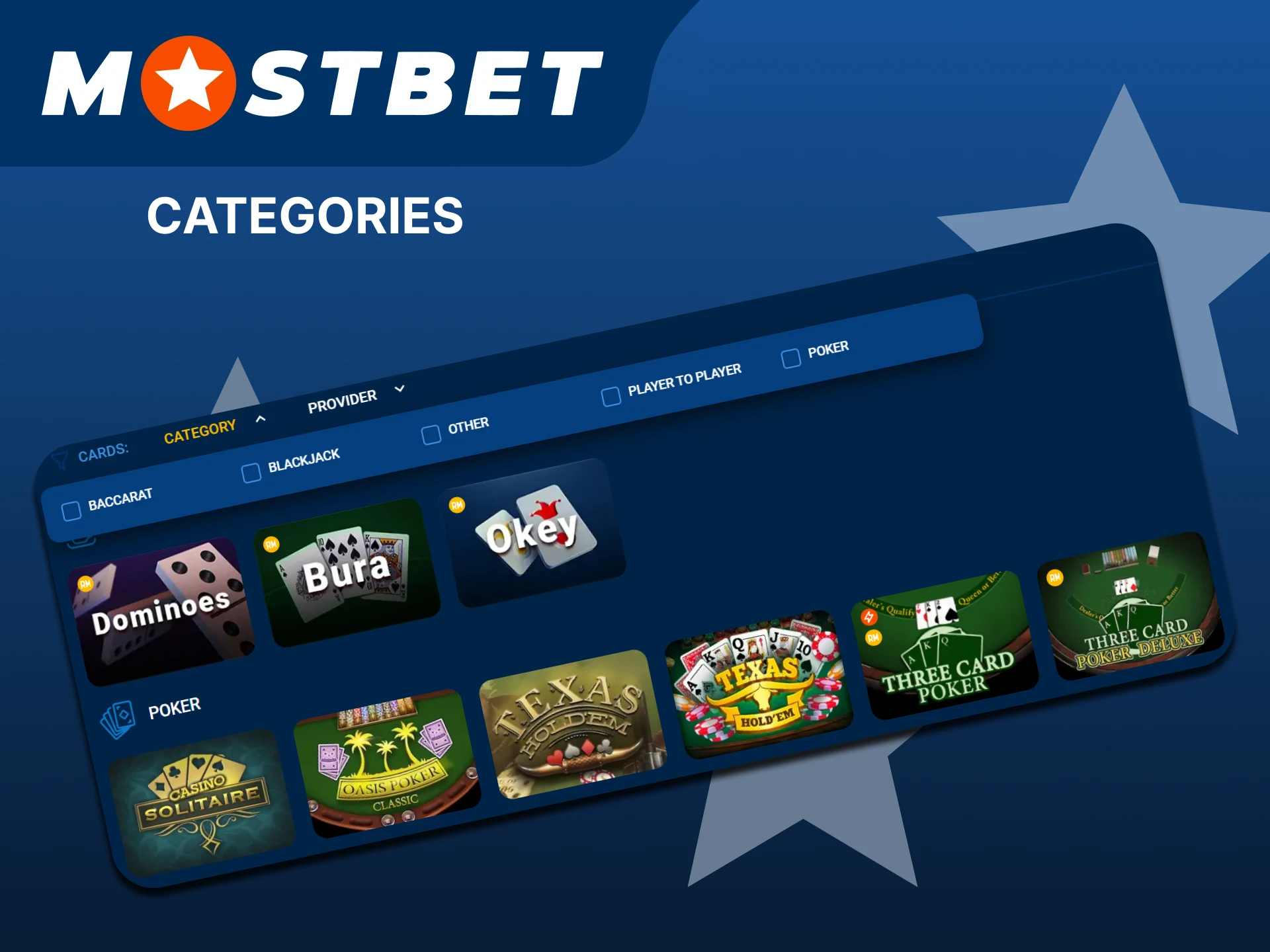 Check out the card games categories available at Mostbet.